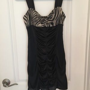 Silky black mini dress, animal print, gold accent